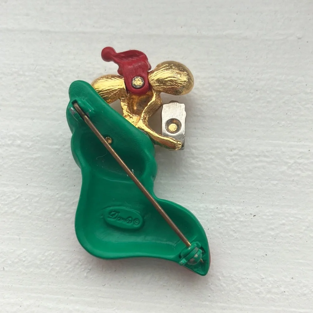 Vintage Christmas pin mouse holding a gift  in stocking stuffer stamped …